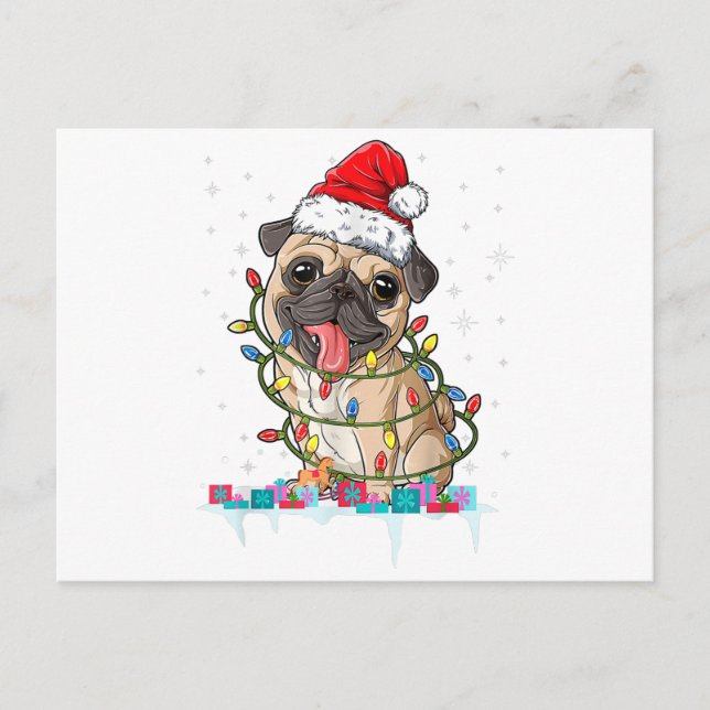 Pug Christmas Tree Lights Santa Dog Xmas Gifts Boy Holiday Postcard (Front)