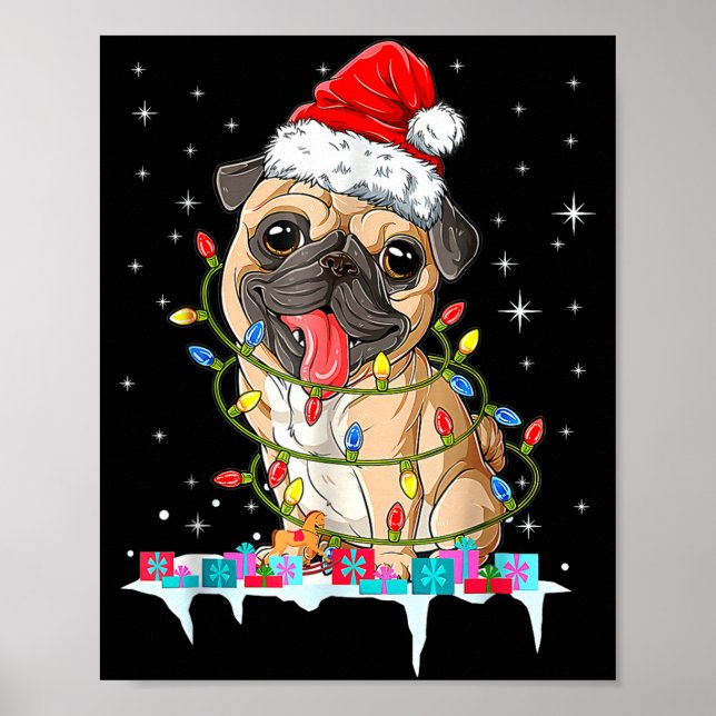 Pug Christmas Tree Lights Santa Dog Xmas  Poster (Front)