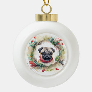 Pug Christmas Wreath Festive Pup  Ceramic Ball Christmas Ornament