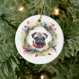 Pug Christmas Wreath Festive Pup  Ceramic Ornament