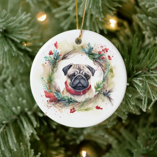 Pug Christmas Wreath Festive Pup  Ceramic Ornament (Tree)