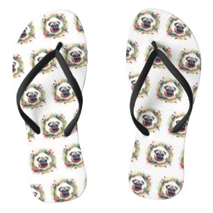 Pug Christmas Wreath Festive Pup  Flip Flops