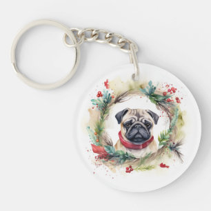 Pug Christmas Wreath Festive Pup  Keychain