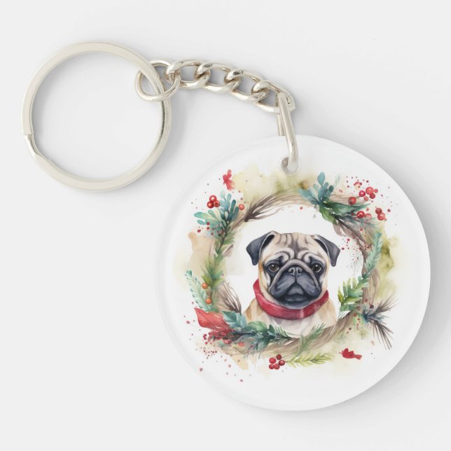 Pug Christmas Wreath Festive Pup  Keychain (Front)