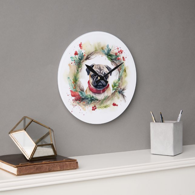 Pug Christmas Wreath Festive Pup  Large Clock (Office)