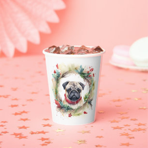 Pug Christmas Wreath Festive Pup Paper Cups