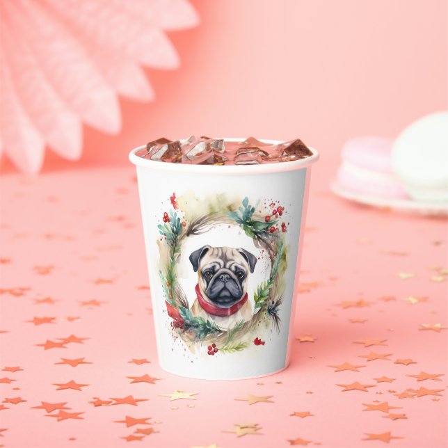 Pug Christmas Wreath Festive Pup  Paper Cups (Insitu)