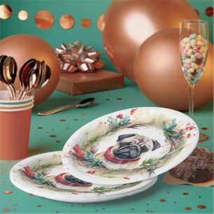 Pug Christmas Wreath Festive Pup  Paper Plate