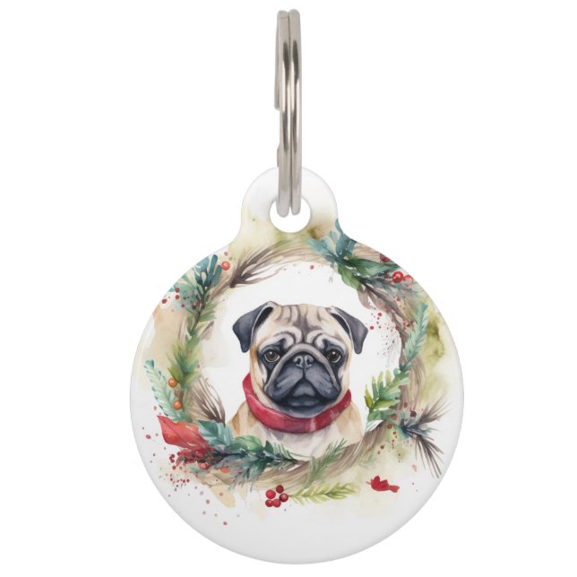 Pug Christmas Wreath Festive Pup  Pet Tag (Front)