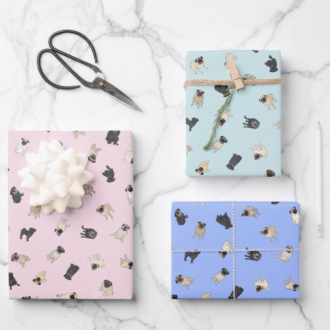 Pug Confetti - pink, blue, mint aqua Wrapping Paper Sheet (Front)