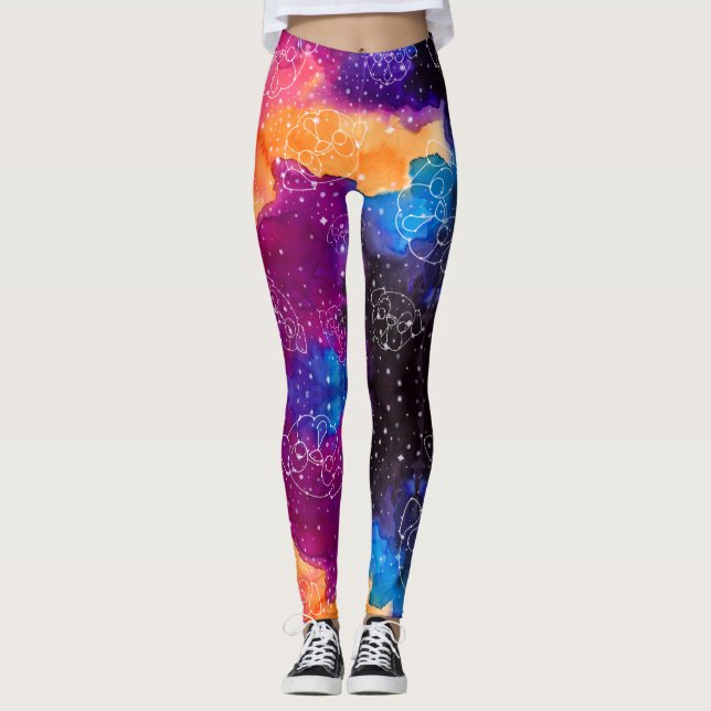 Pug Constellations Space Stars Sky Purple Orange Leggings (Front)