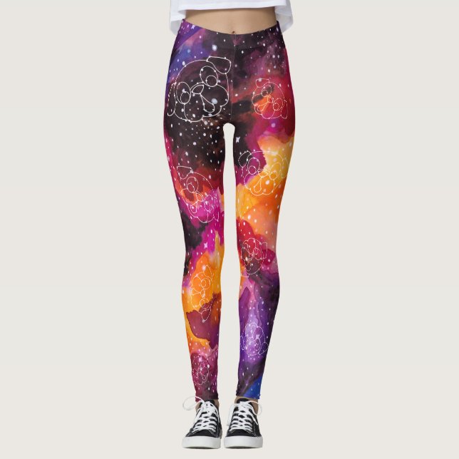 Pug Constellations Stars Galaxy Oranges Pinks Leggings (Front)