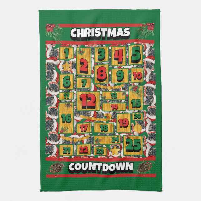 Pug Countdown Christmas Advent Calendar Dog Kitchen Towel (Vertical)