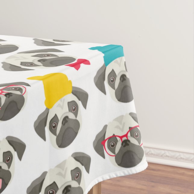 Pug – cute dog in Christmas Tablecloth (In Situ)