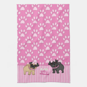 Pug Cuties Pink Stripes and Paws Kitchen Towel