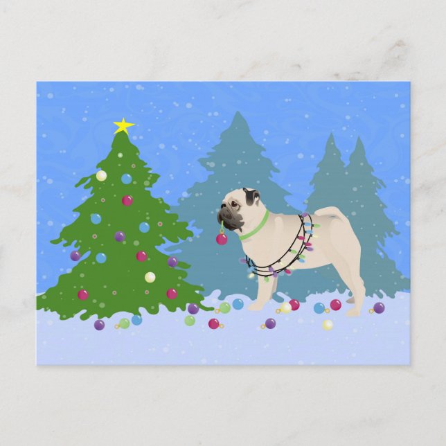Pug decorating a Christmas Tree in the forest Holiday Postcard (Front)