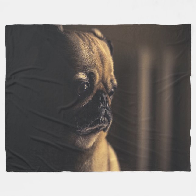 Pug Deep In Thought Fleece Blanket (Front (Horizontal))