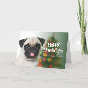 Pug dog against Christmas tree with bokeh Holiday Card