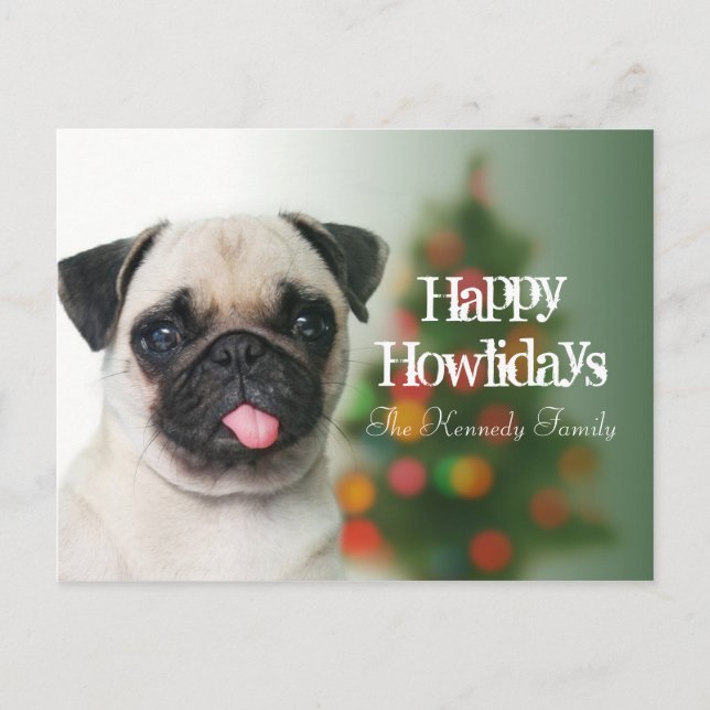 Pug dog against Christmas tree with bokeh Holiday Postcard (Front)