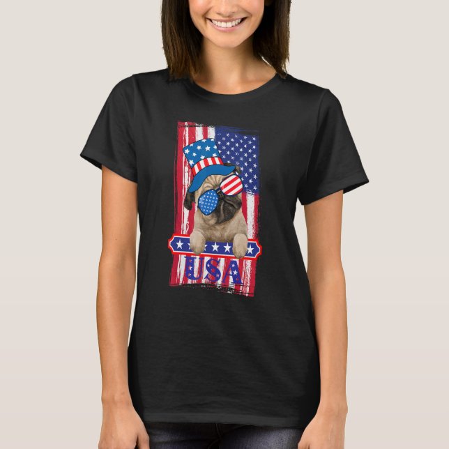 Pug Dog American Flag Usa 4th Of July T-Shirt (Front)