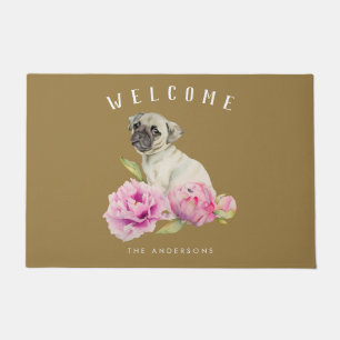 Pug Dog and Peonies Personalized Doormat