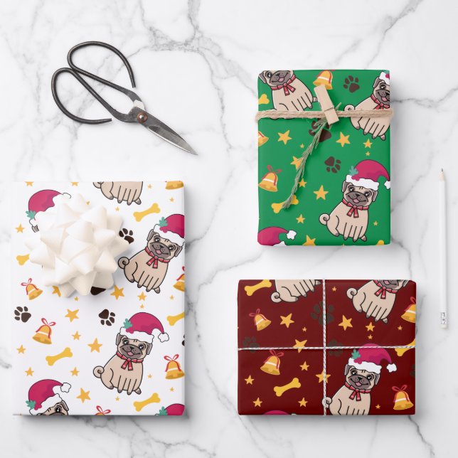 Pug Dog And Santa Hat Christmas Wrapping Paper Sheet (Front)