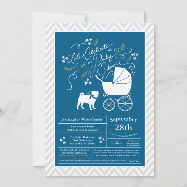 Pug Dog Baby Shower Blue for Boy Invitation (Front)