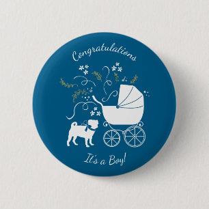 Pug Dog Baby Shower Boy Blue with Bow 2 Inch Round Button
