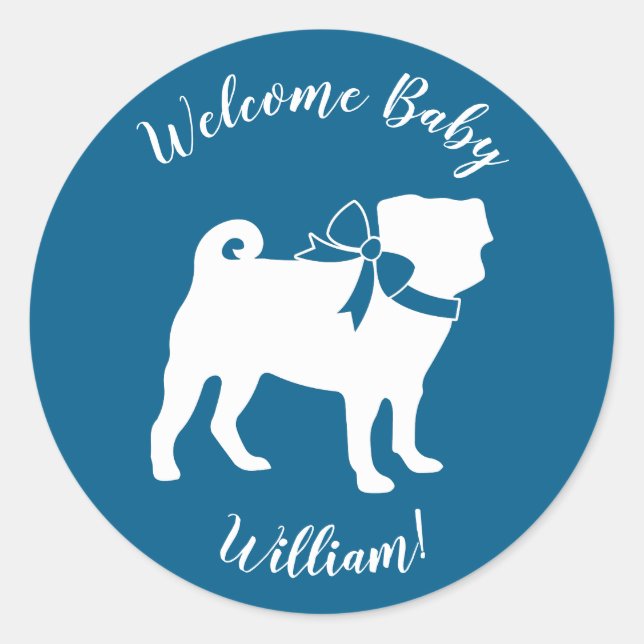 Pug Dog Baby Shower Boy Blue with Bow Classic Round Sticker (Front)
