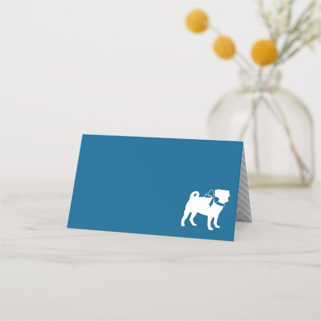 Pug Dog Baby Shower Boy Blue with Bow Place Card (Front)