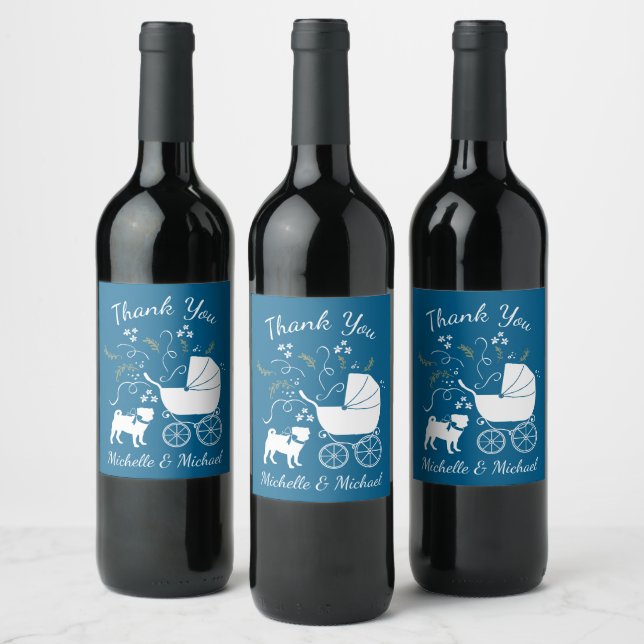 Pug Dog Baby Shower Boy Blue with Bow Wine Label (Bottles)