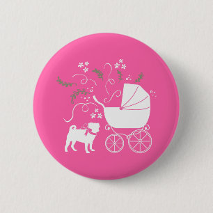 Pug Dog Baby Shower Girl Pink with Bow 2 Inch Round Button