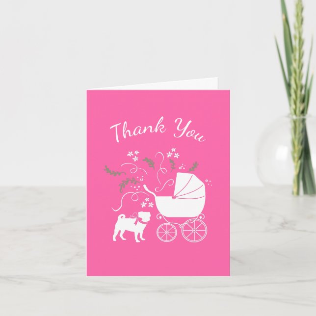 Pug Dog Baby Shower Girl Pink with Bow Thank You Card (Front)