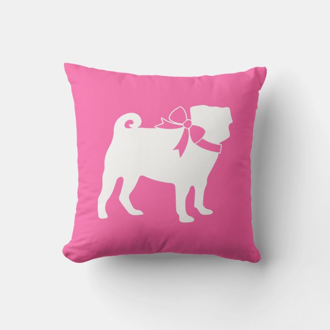 Pug Dog Baby Shower Girl Pink with Bow Throw Pillow (Front)