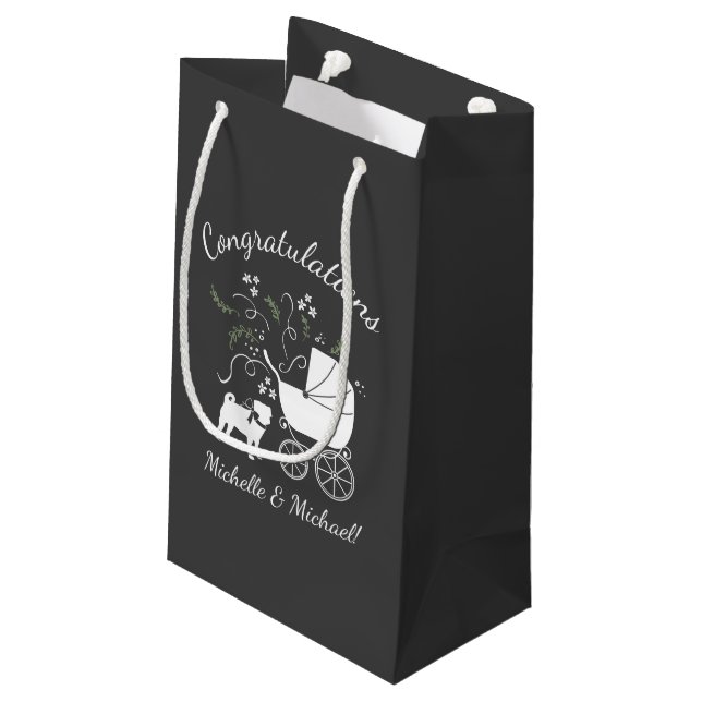 Pug Dog Baby Shower Grey Puppy Gender Neutral Small Gift Bag (Back Angled)
