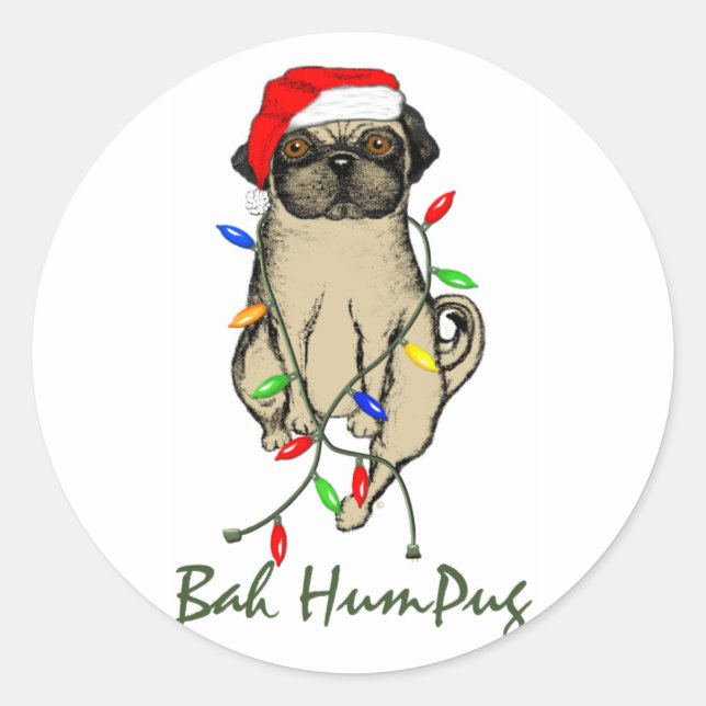 Pug Dog Bah Humpug Funny Christmas Classic Round Sticker (Front)
