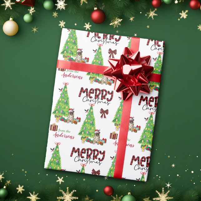 Pug Dog, Bird, and Christmas Tree Wrapping Paper (Creator Uploaded)