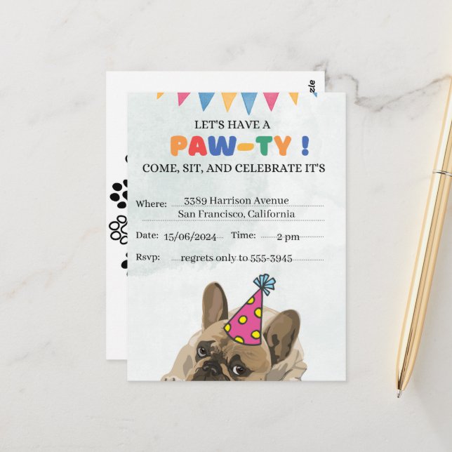 Pug Dog Birthday Party Puppy Paw-ty Birthday Postcard (Front/Back In Situ)