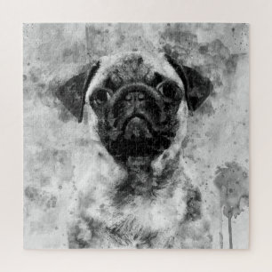 Pug Dog Black and White Watercolor 01 Jigsaw Puzzle