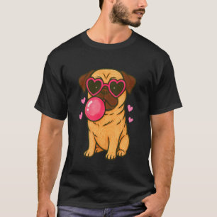 Pug Dog Blowing Pink Bubble Gum Hearts Girls Women T-Shirt