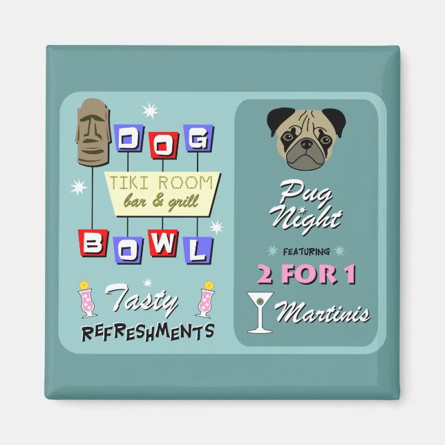 Pug Dog Bowling Tiki Night Magnet (Front)