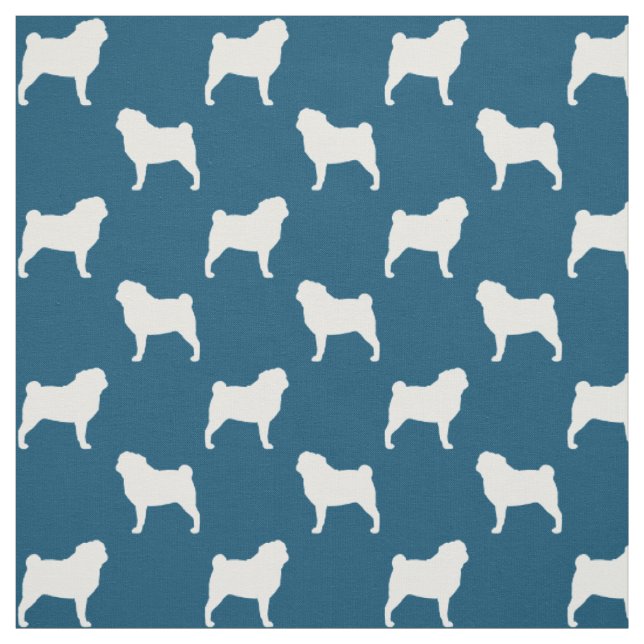 Pug Dog Breed Silhouettes Blue and White Patterned Fabric (Swatch)