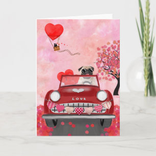 Pug Dog Car with Hearts Valentine's   Card