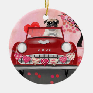 Pug Dog Car with Hearts Valentine's Ceramic Ornament