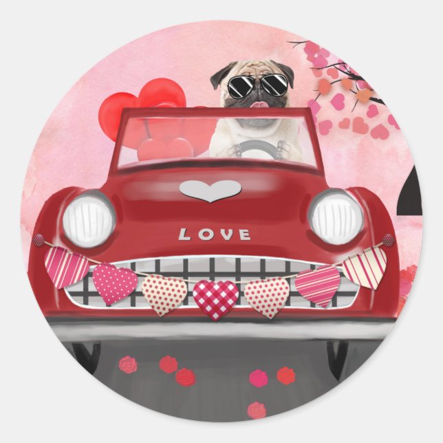 Pug Dog Car with Hearts Valentine's   Classic Round Sticker (Front)