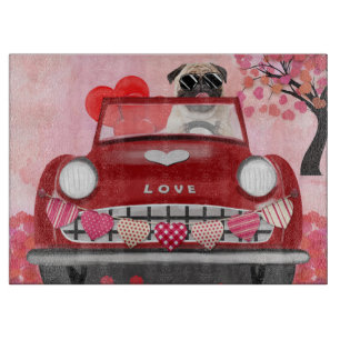 Pug Dog Car with Hearts Valentine's   Cutting Board
