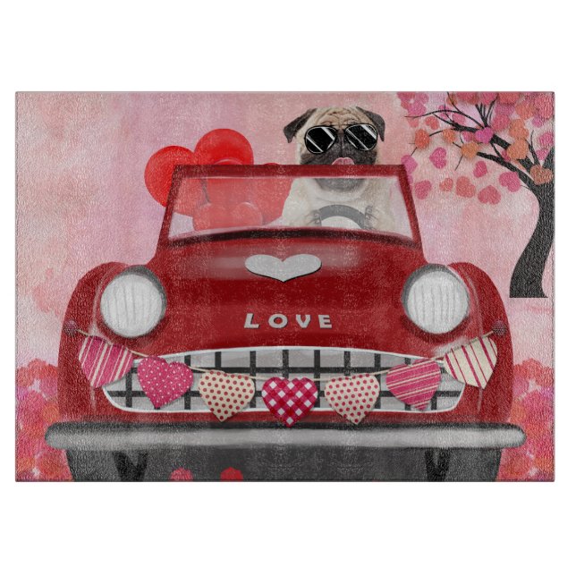 Pug Dog Car with Hearts Valentine's   Cutting Board (Front)