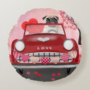 Pug Dog Car with Hearts Valentine's  Round Pillow