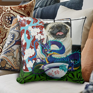 Pug Dog Chinese Dragon Throw Pillow