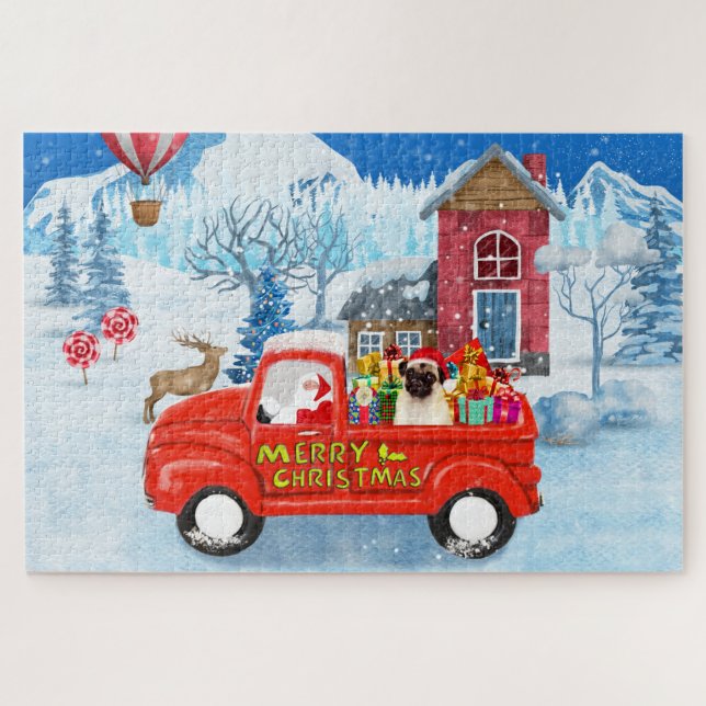Pug Dog Christmas Delivery Truck Snow  Jigsaw Puzzle (Horizontal)